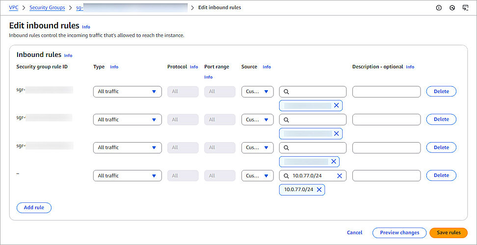 Screenshot of AWS, Edit Inbound Rules page